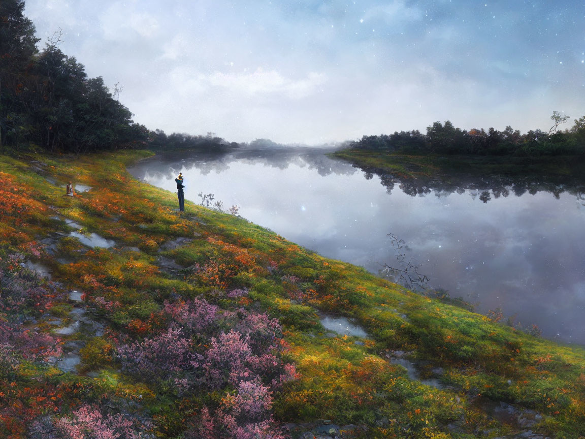 Tranquil landscape with person by calm river at dusk or dawn