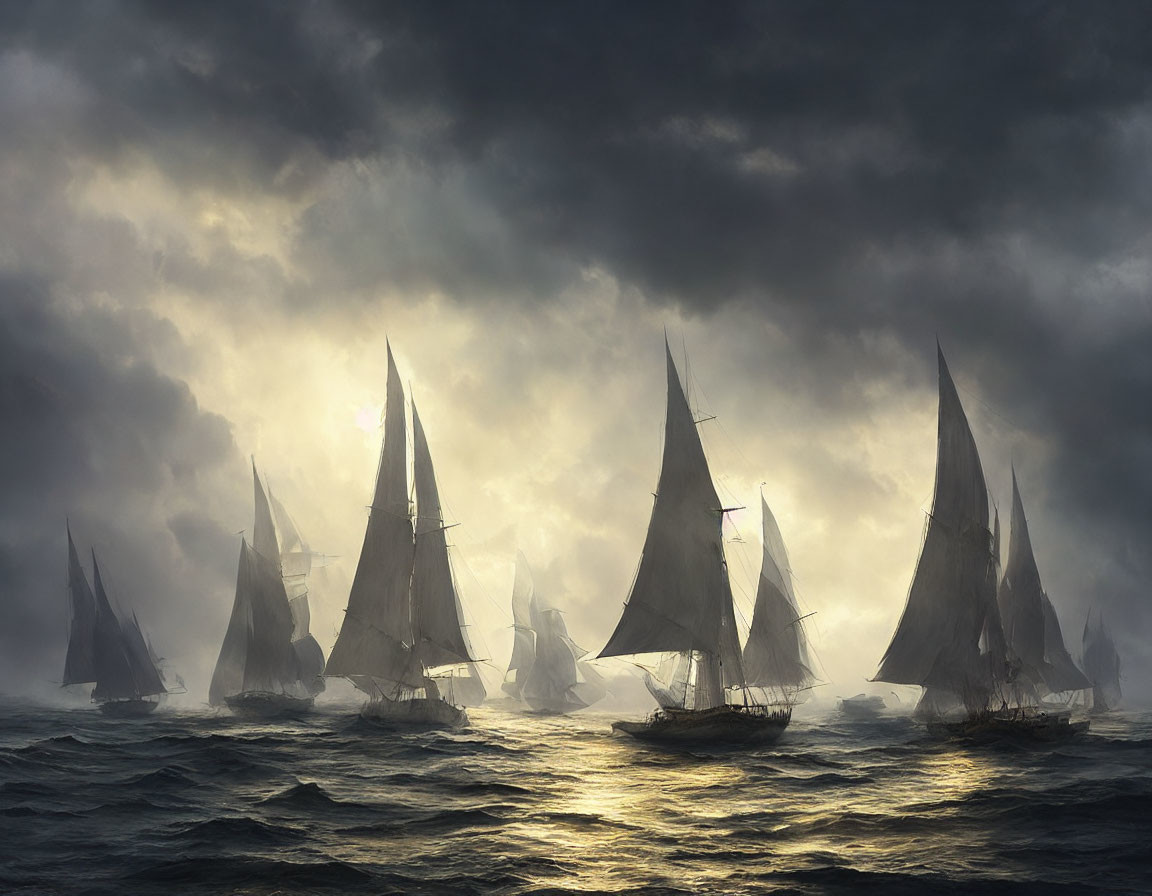 Sailing ships on stormy seas with billowing sails