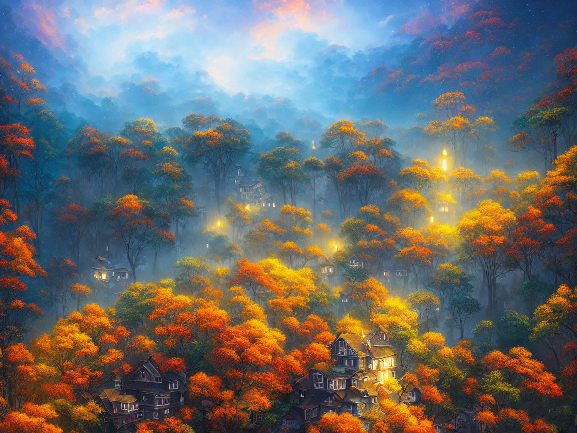 Vibrant autumn forest with fog and quaint houses