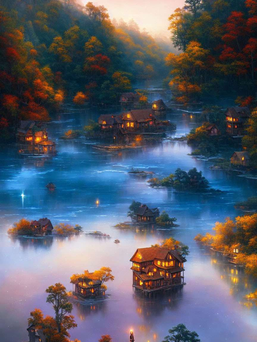 Serene fog-covered river at twilight with autumn trees and quaint houses.