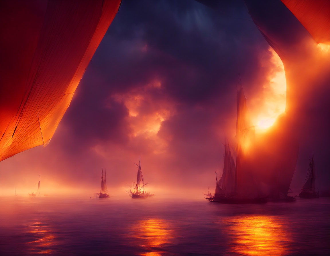 Sailing ships on misty, orange-lit sea with dramatic sky