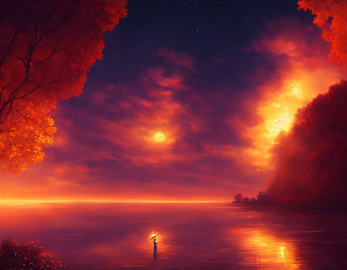 Person under starry sky by water with luminous moon and fiery landscape.