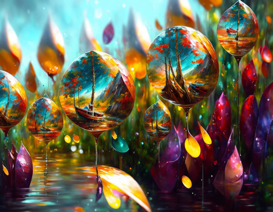 Colorful bubbles in dreamy autumn landscape with vibrant droplets