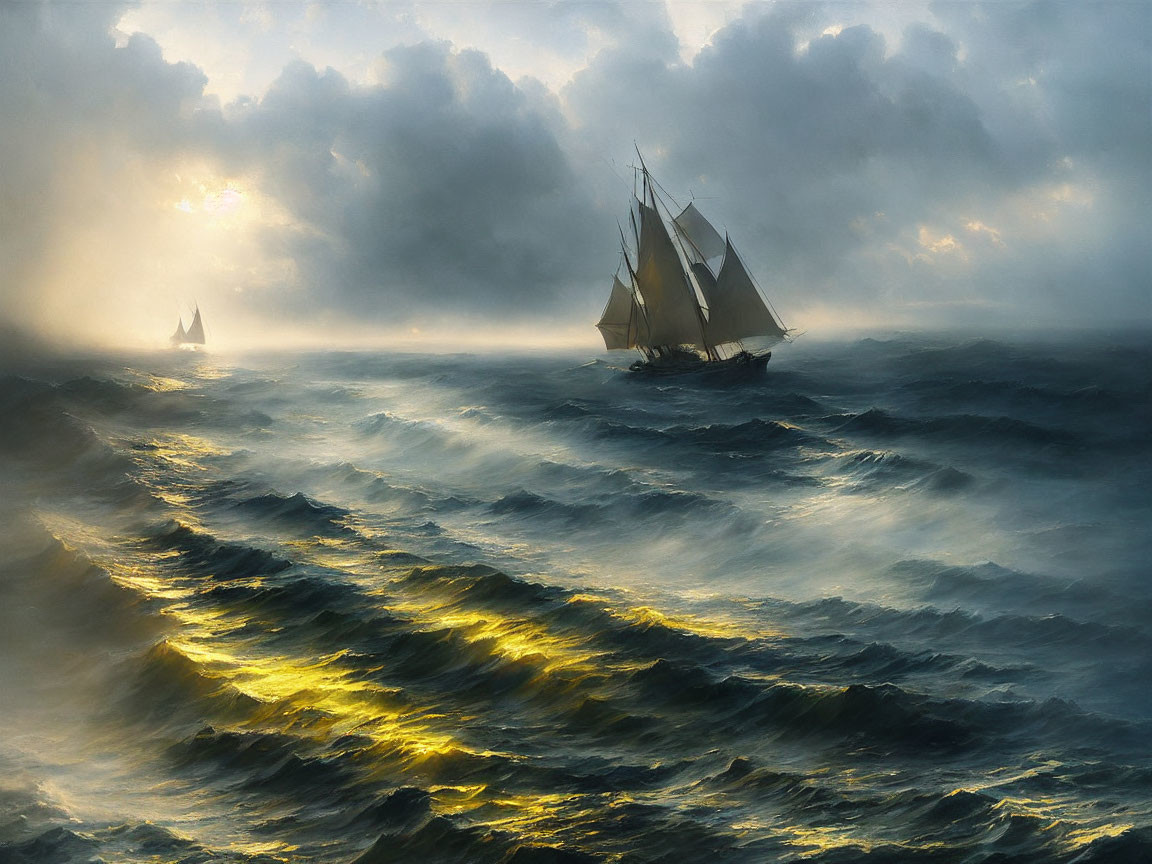 Sailing ships navigating stormy seas under glistening sunlight