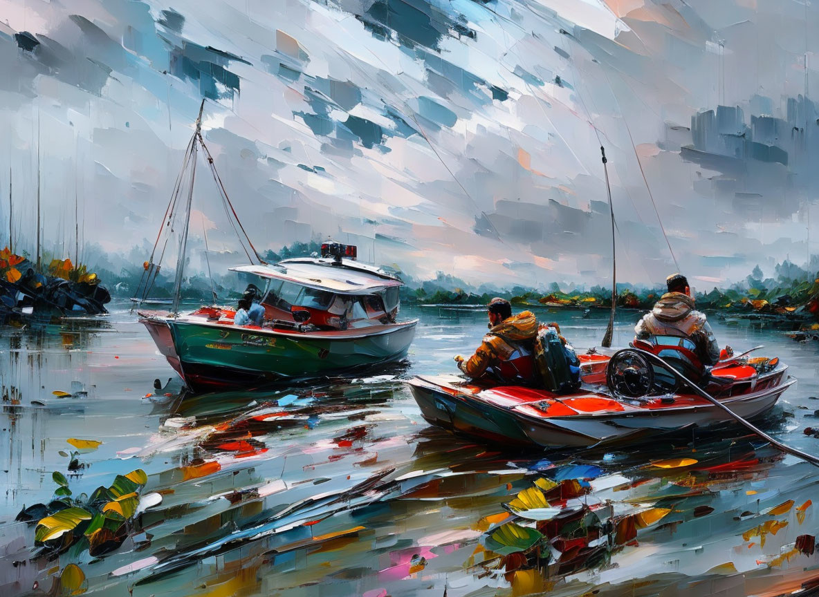 Scenic painting of boats on calm river with fishermen amid soft clouds