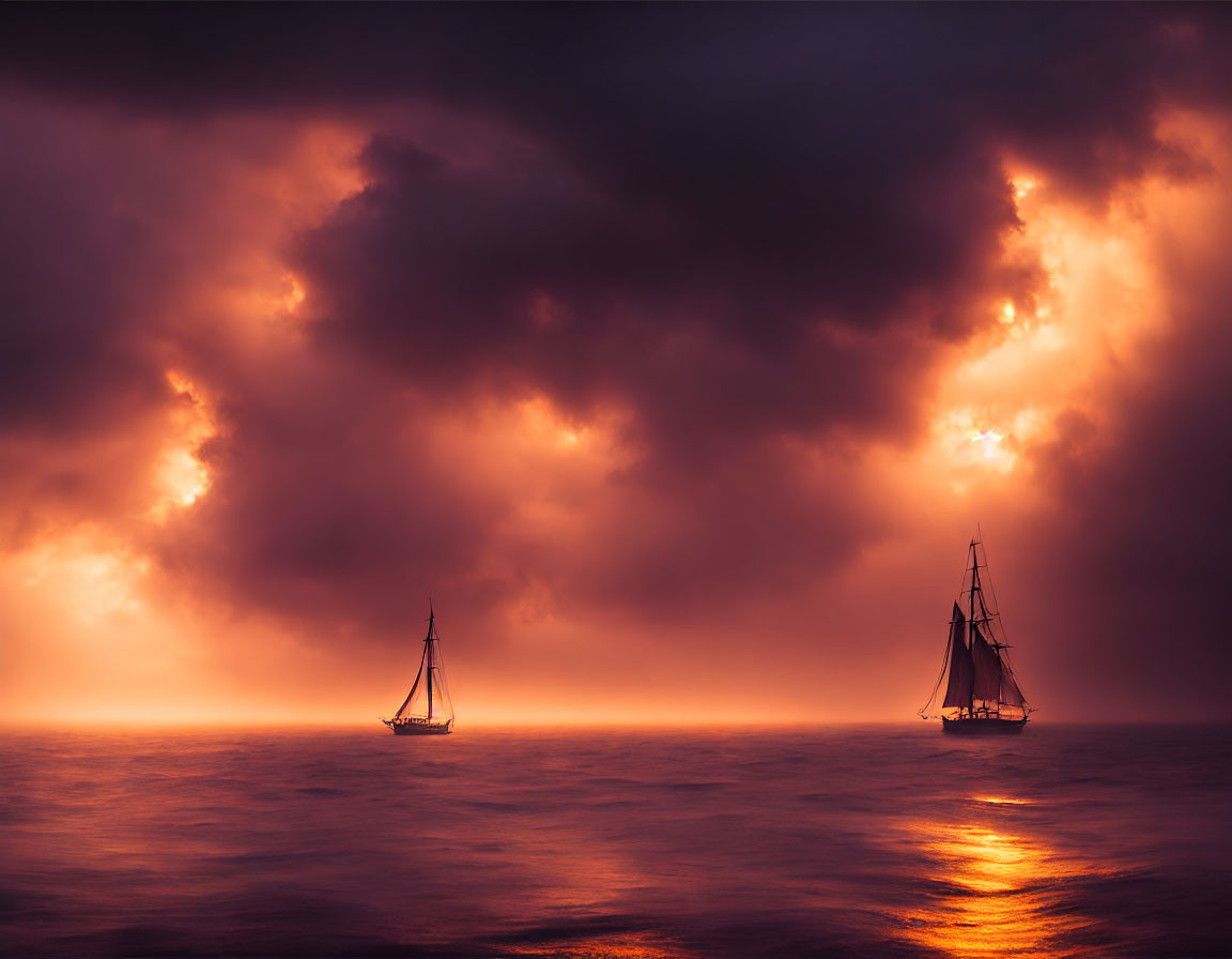 Sailboats on serene ocean with dramatic sunset sky