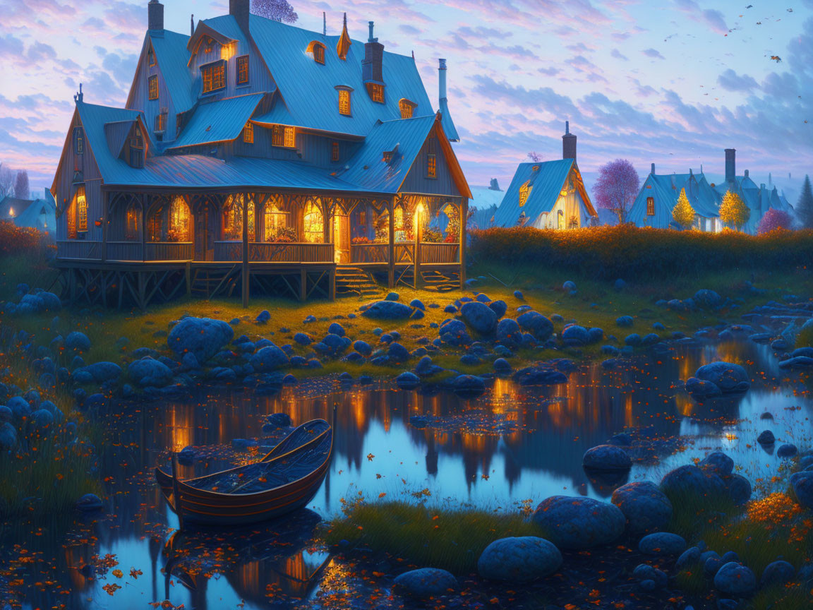 Tranquil twilight landscape with cozy blue house by calm river