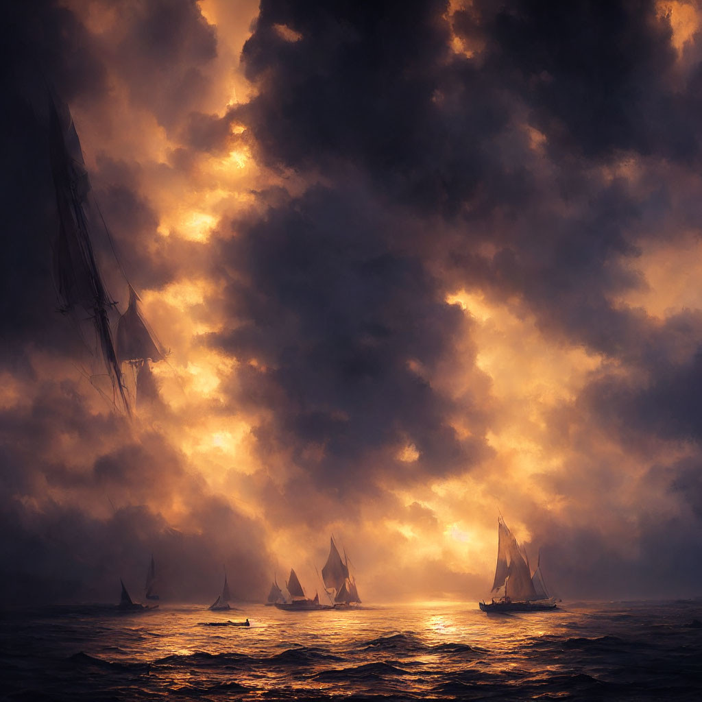 Dramatic stormy sea with sailing ships under piercing sunlight