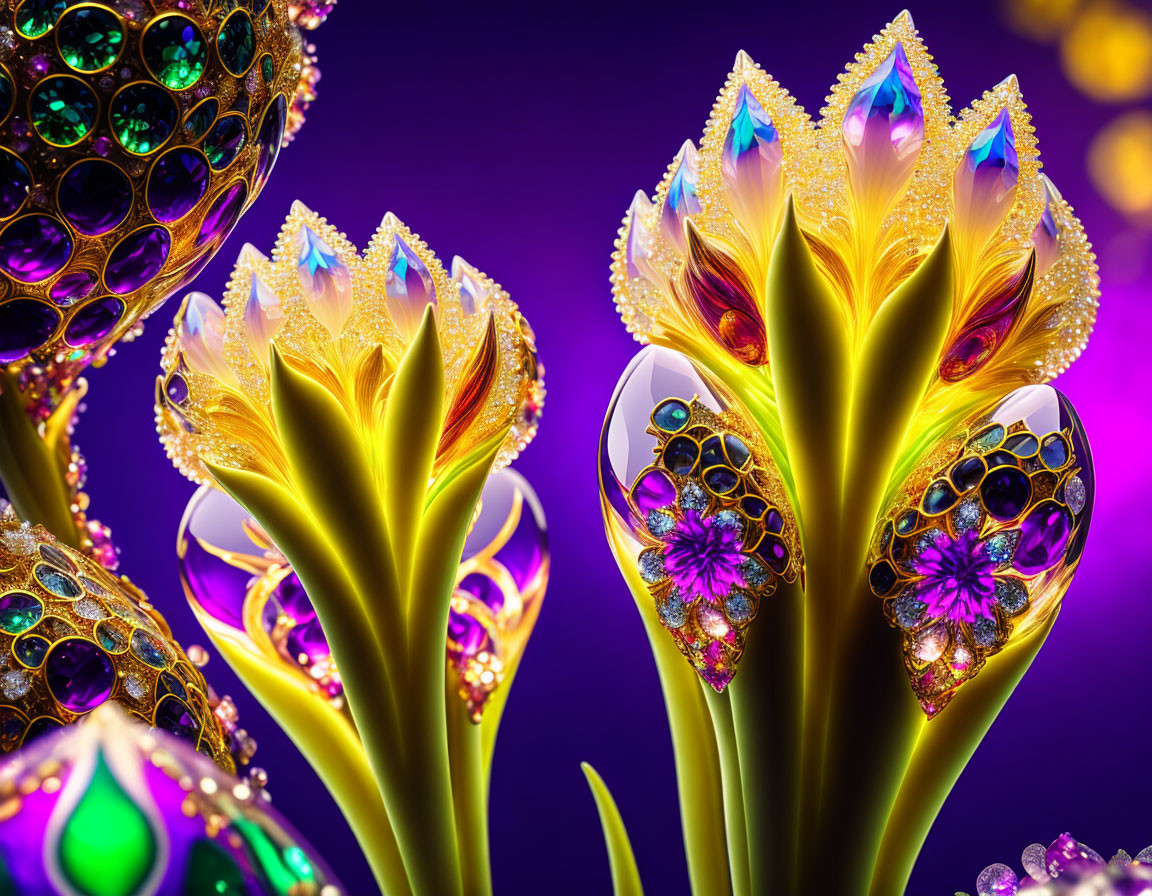 Colorful Abstract Art: Jewel-Encrusted Flora on Purple Background