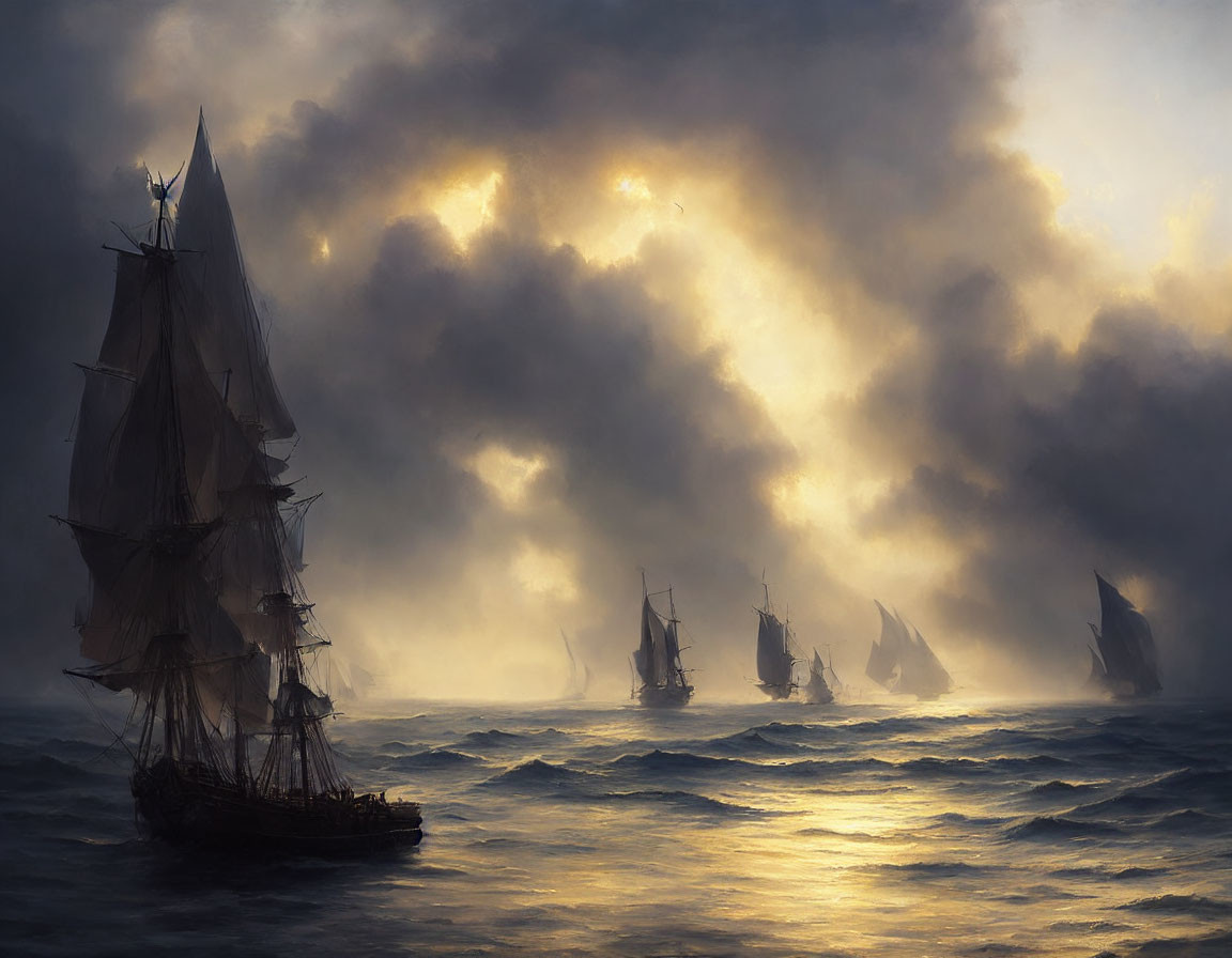 Dramatic stormy seas with sailing ships under cloudy sky