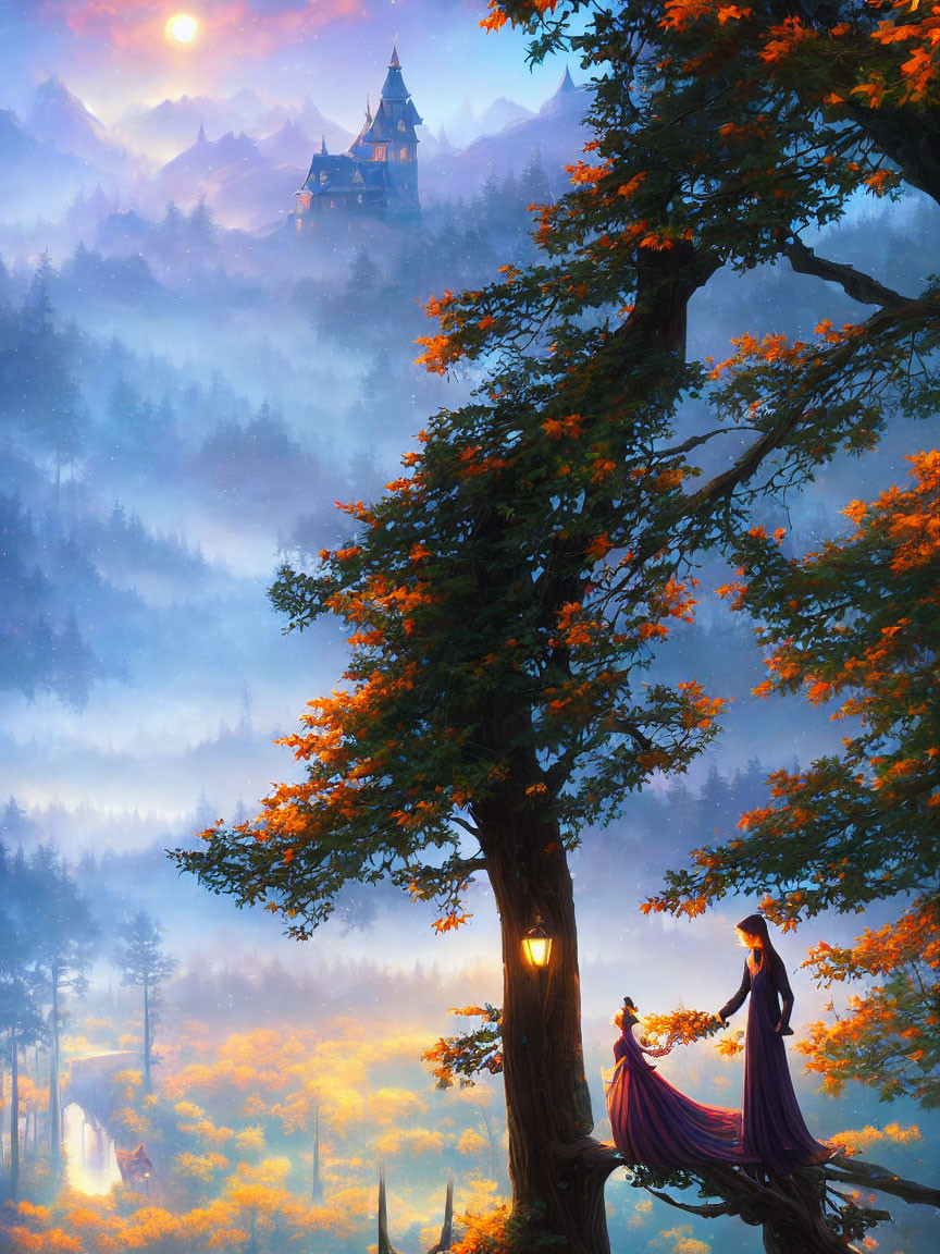 Enchanting forest scene with woman, large tree, castle, autumn leaves, and sunrise