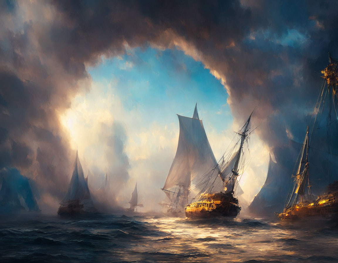 Sailing ships in stormy sea under dramatic sky with bright light.