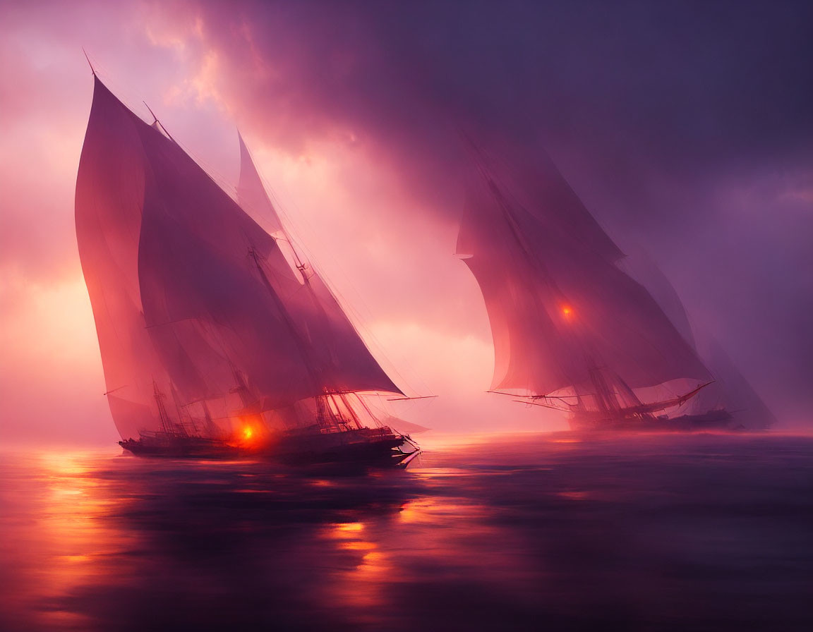 Sailboats with red lights in misty, purple waters & dramatic sky