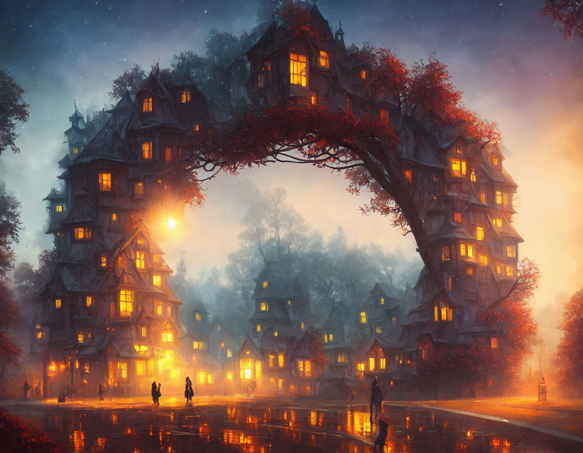 Circular illuminated houses arch over pathway in misty forest at twilight