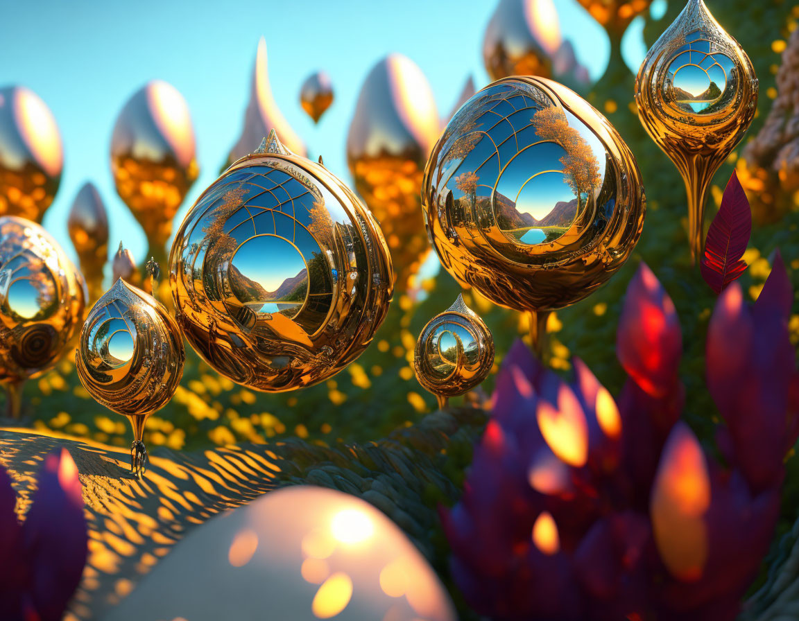 Spherical Sculptures in Fantastical Landscape with Golden Sunset Hue