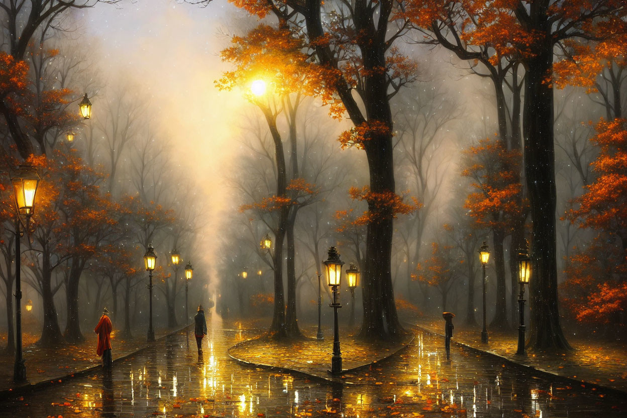 Misty tree-lined path with glowing street lamps and autumn leaves reflecting on wet surface.