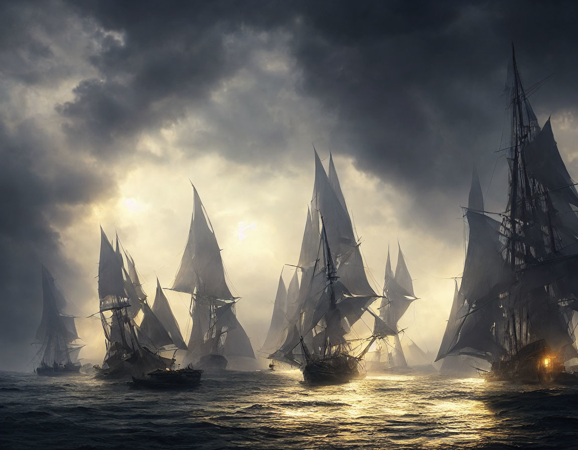 Tall Ships Sailing in Stormy Seas with Dramatic Sky