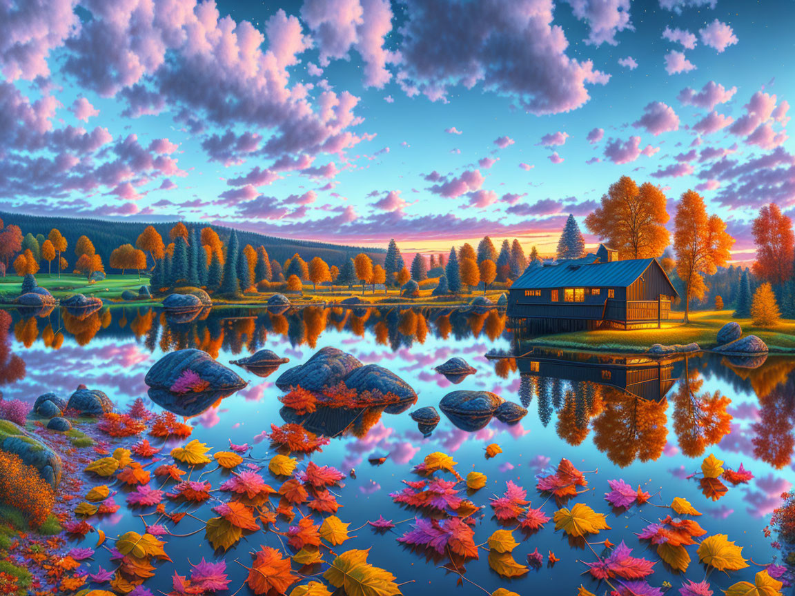 Scenic autumn landscape with lake, forest, cabin, leaves, and sunrise