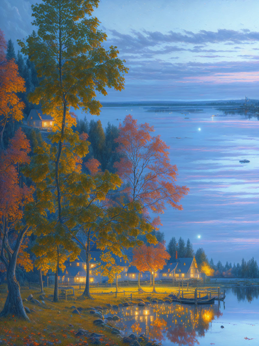 Tranquil twilight scene: calm lake, autumn trees, cozy cottages