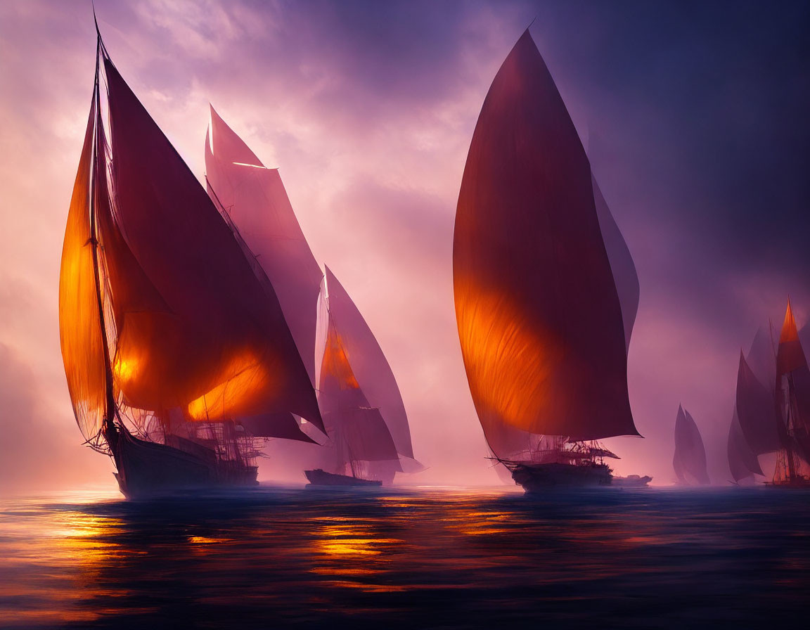 Glowing orange sailboats on mystical purple waters under dramatic sky