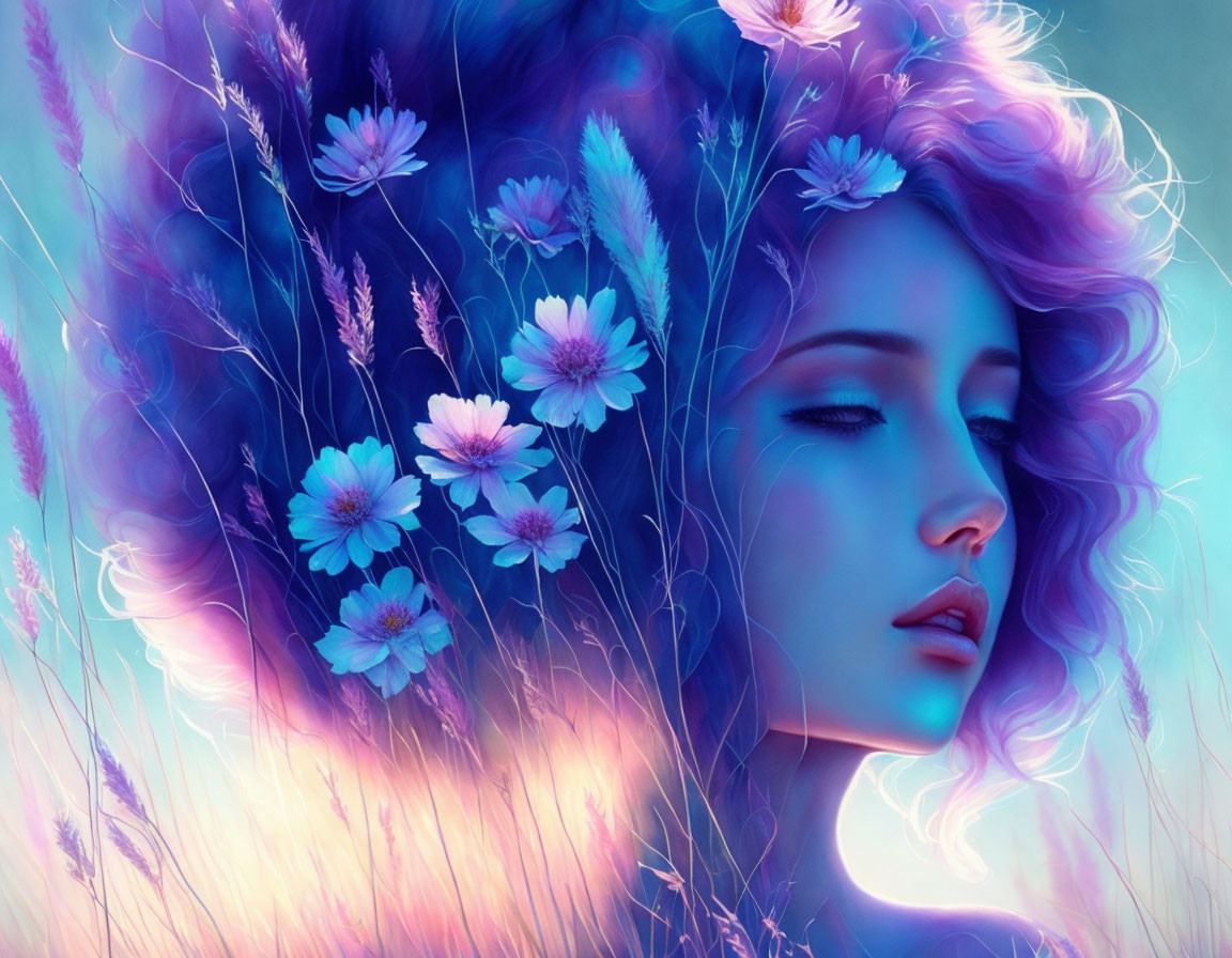 Digital Artwork: Woman with Purple Hair and Floral Background