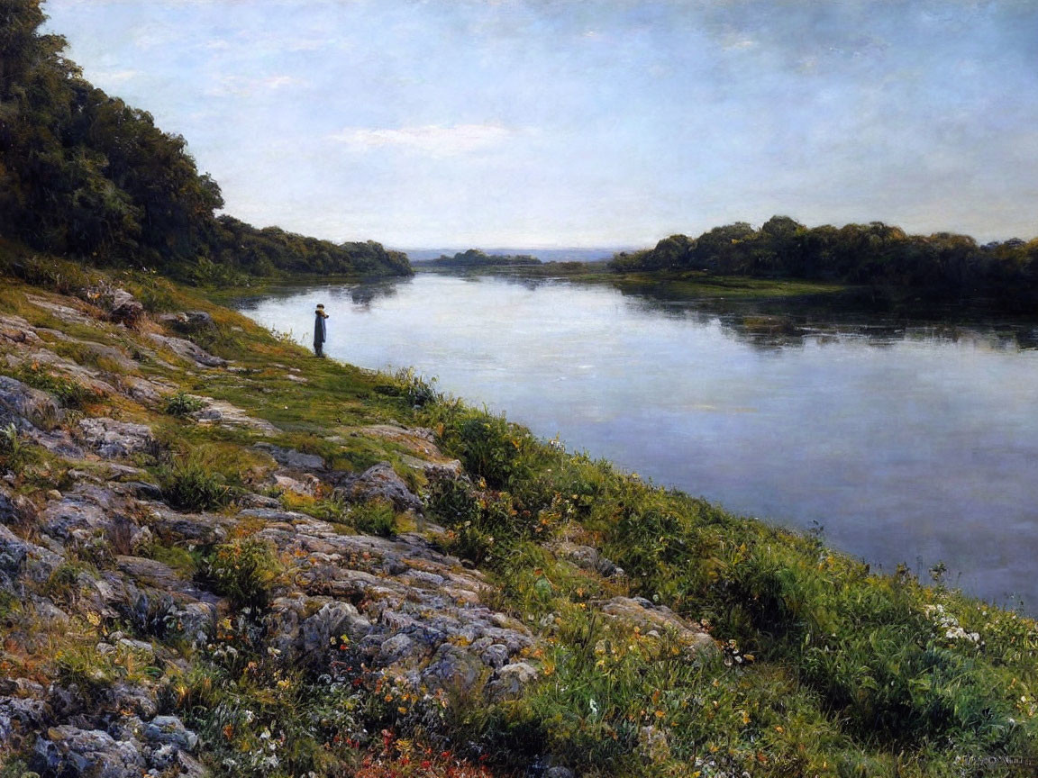 Tranquil riverscape with lone figure in lush greenery