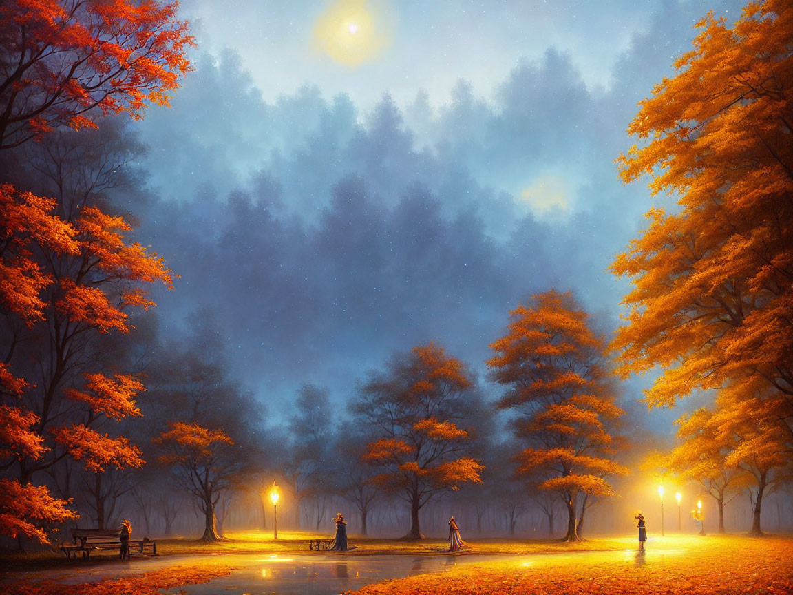 Twilight scene: Autumn park with glowing lamps, orange leaves, mist, and full moon