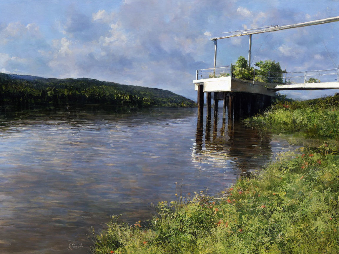 Tranquil river landscape with small pier and lush greenery