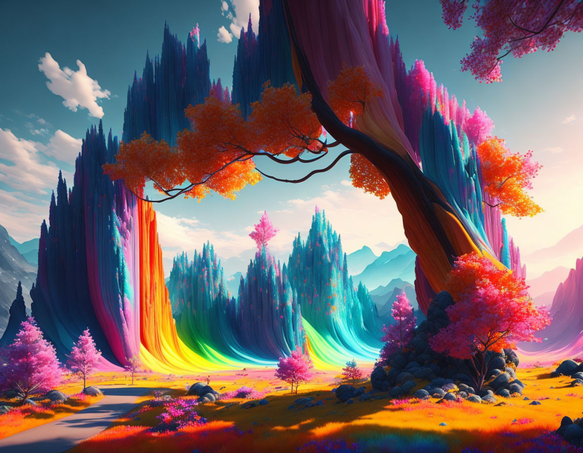 Colorful Fantasy Landscape with Towering Trees and Flowers