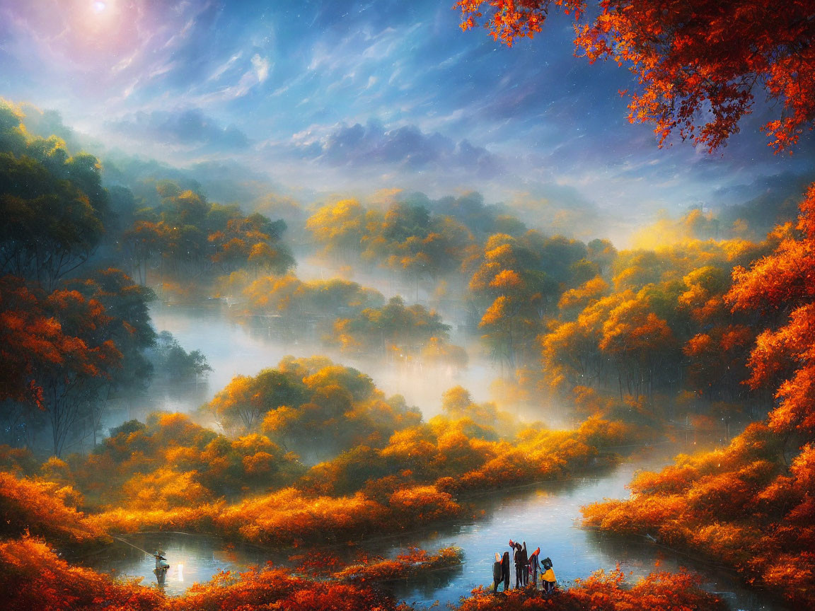 Scenic autumn landscape with misty lake and orange trees