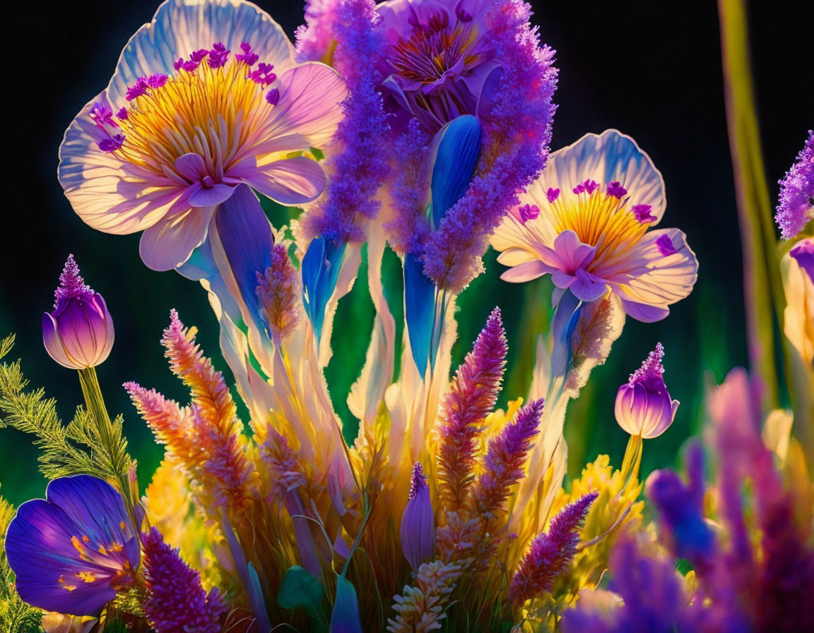 Colorful Flower Arrangement with White, Purple, Yellow, and Pink Blossoms