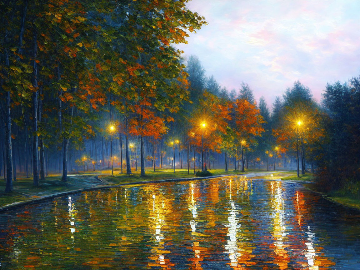 Tranquil autumn park scene with illuminated trees and reflective water at dusk