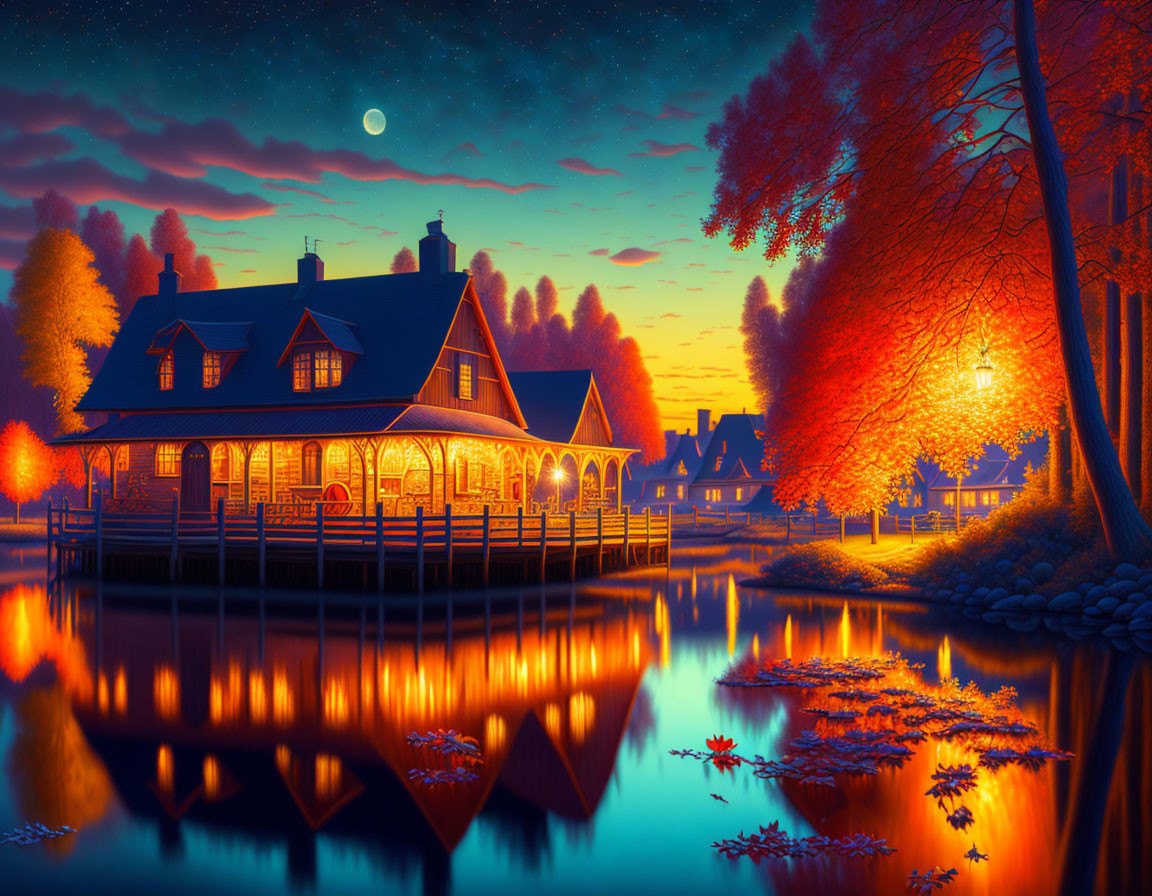 Tranquil evening scene: warmly-lit cottage by calm lake, autumn foliage, moonlit sky