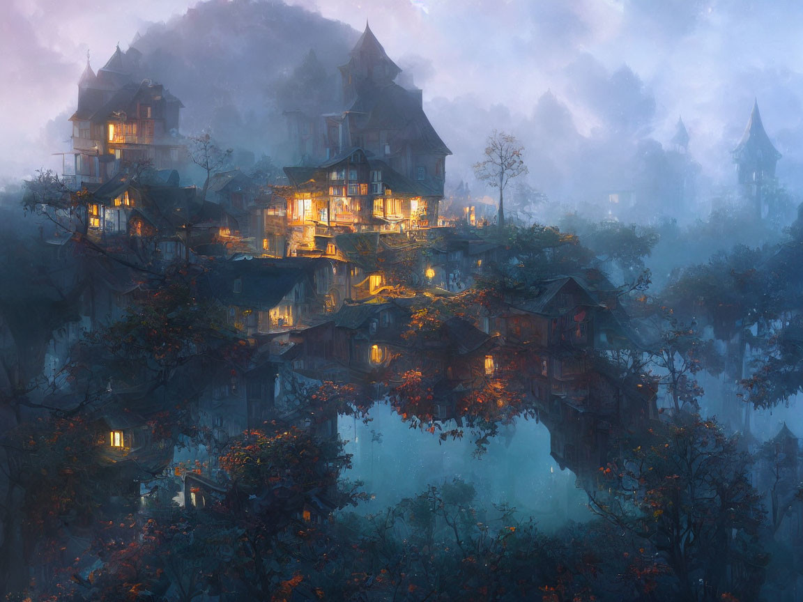 Misty village with illuminated traditional houses by tranquil lake