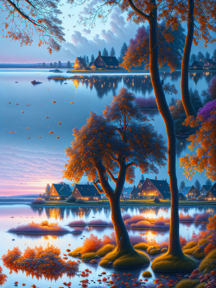 Serene lakeside village at twilight with autumn trees and reflective waters