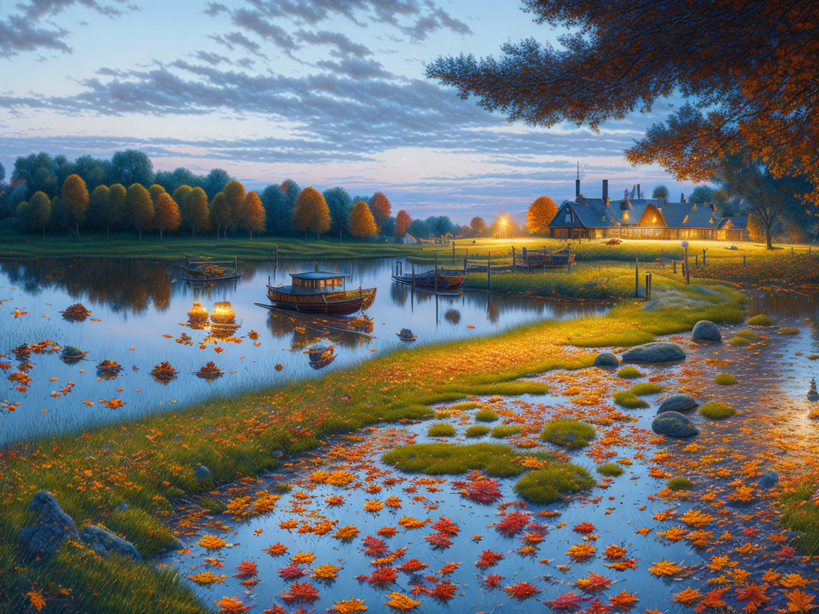 Tranquil Autumn Lake Scene with Boats and Quaint House