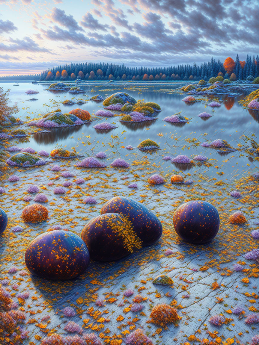 Serene lake digital art with glowing star spheres and autumn trees