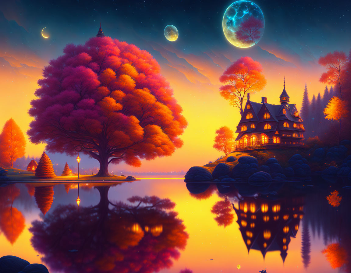 Twilight fantasy landscape: glowing house by autumn lake