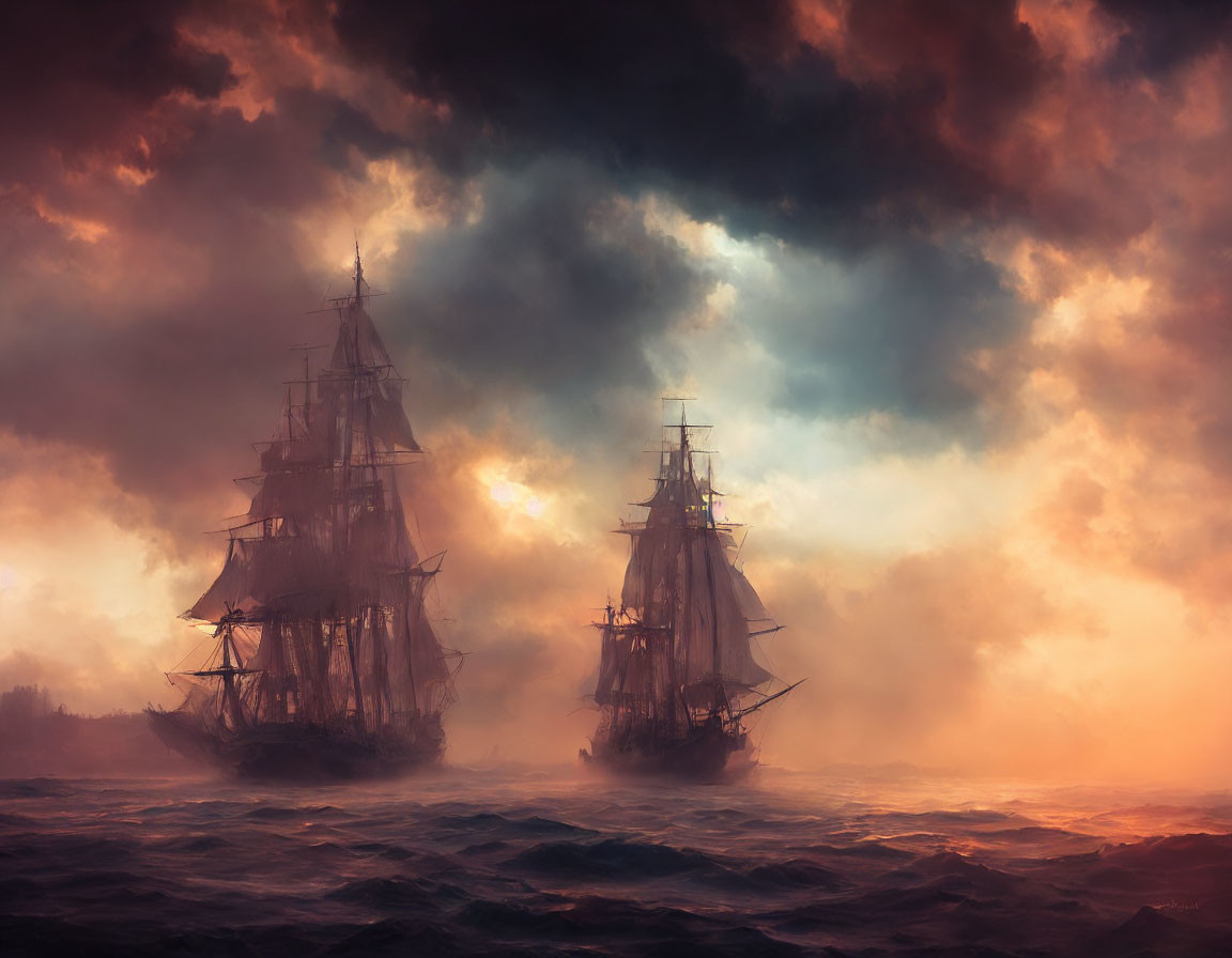 Majestic tall ships sailing in misty waters under dramatic cloudy sky