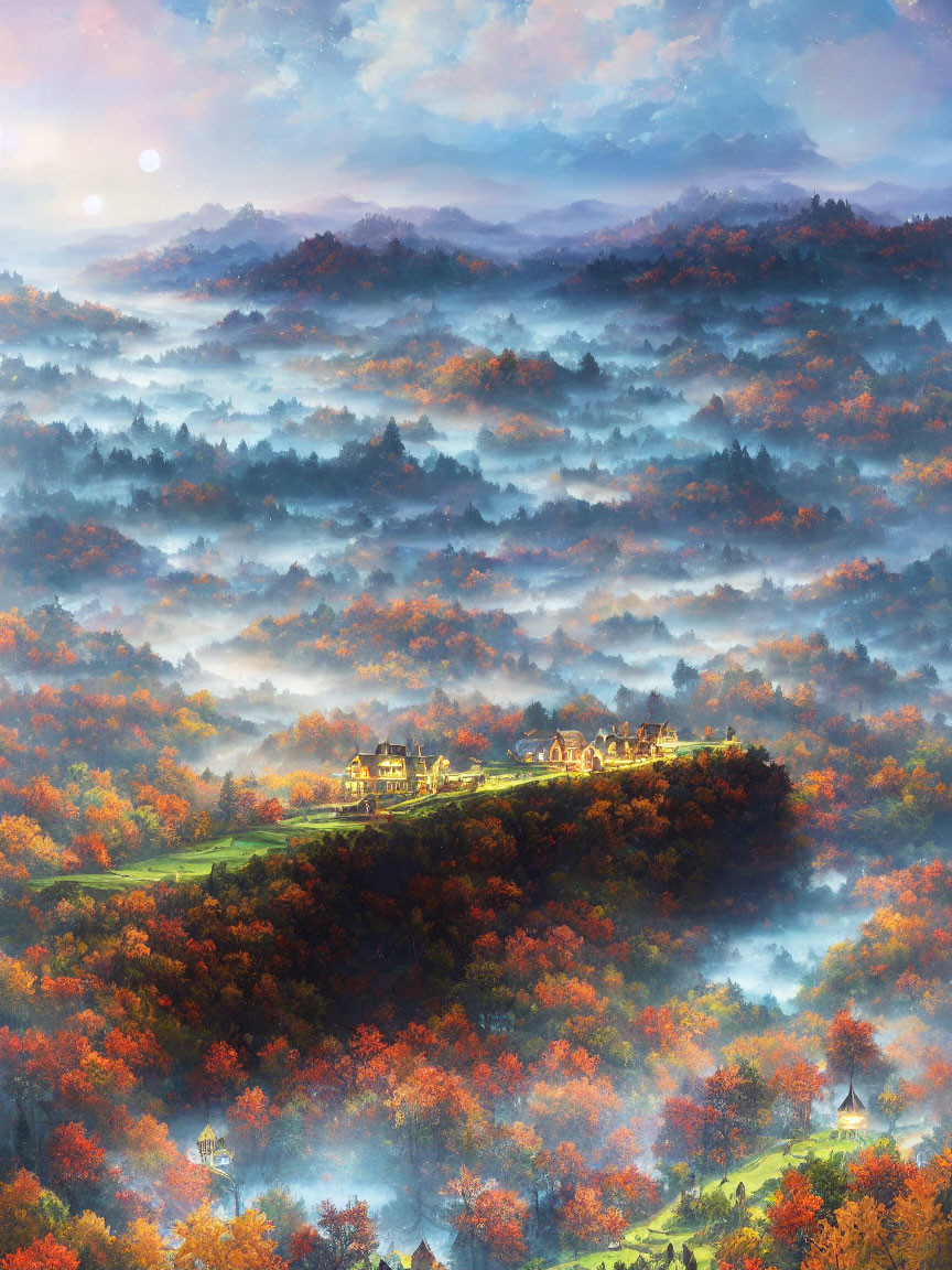 Mystical autumn landscape with foggy hills, vibrant forest, and illuminated village.