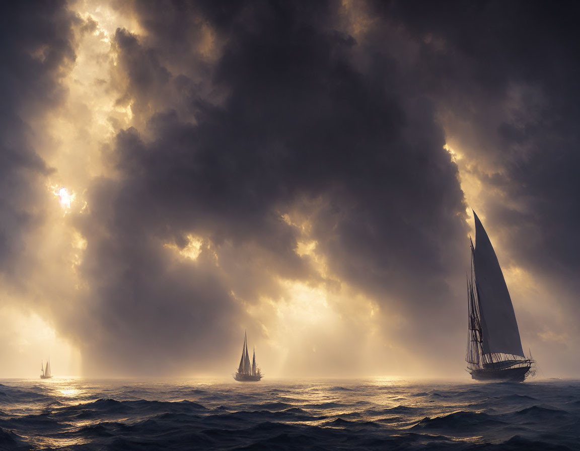 Sailboats in stormy seas under dramatic sky with sunbeams