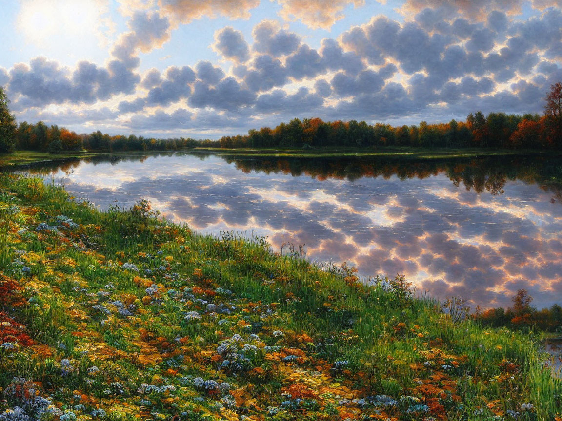 Tranquil landscape with mirror-like river, fluffy clouds, lush greenery, and vibrant wildflowers