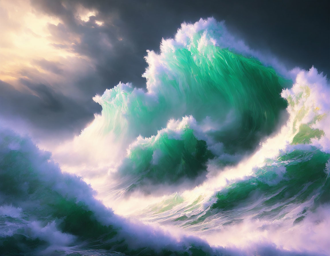 Towering Wave with White Foam in Stormy Sky