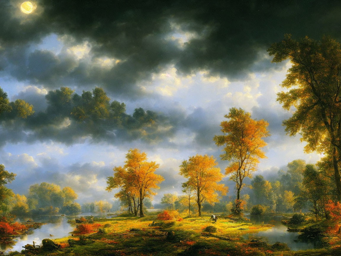 Tranquil autumn landscape with golden trees, calm river, and glowing moon under dramatic sky