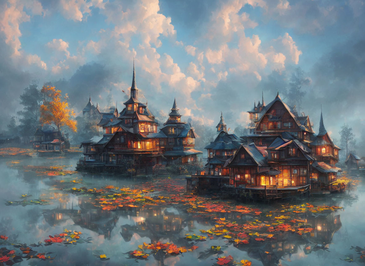 Tranquil lake scene with autumn leaves and wooden houses at dusk