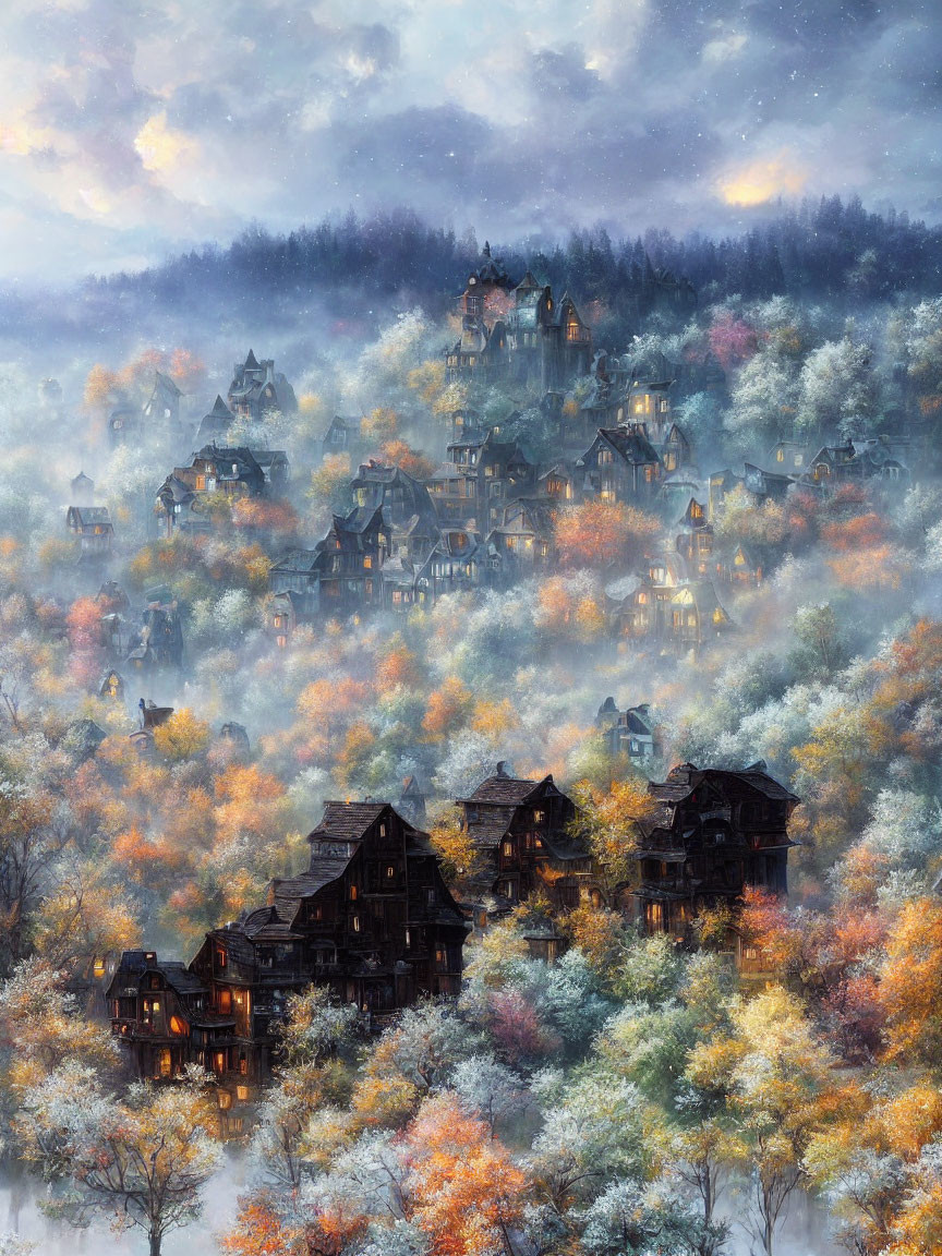 Autumn hillside village with glowing twilight sky