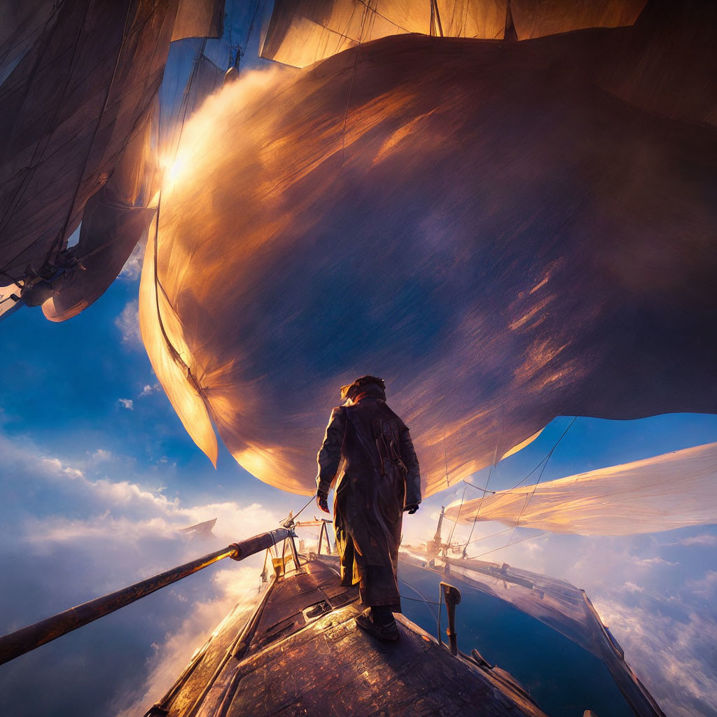 Person admiring sailing ship's billowing sails at sunset