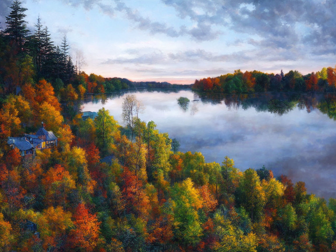 Tranquil autumn landscape with misty lake, colorful trees, and cozy house