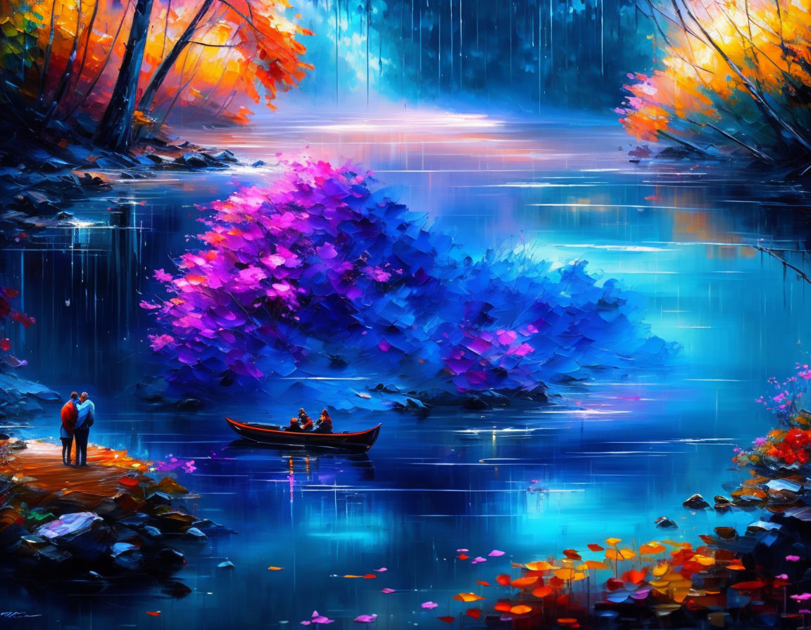 Colorful digital painting of two figures by a boat in a luminous river, surrounded by vibrant foliage