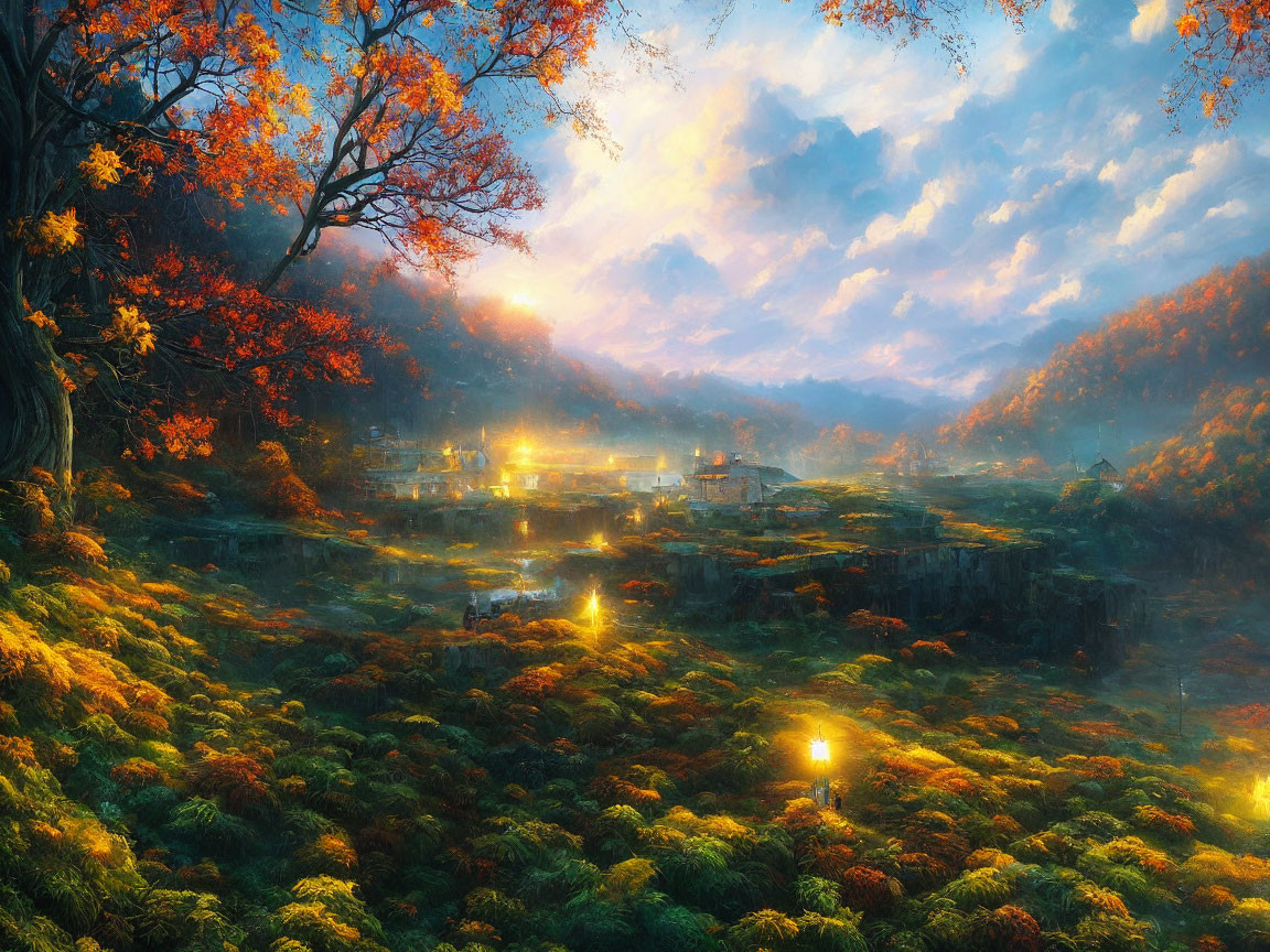 Fantasy landscape: illuminated village in autumn forest.